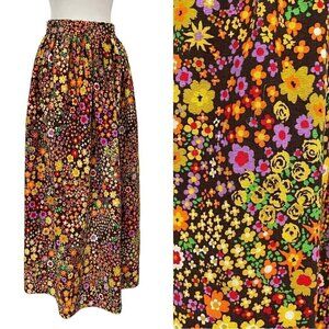 Vintage Colorful Psychedelic Barkcloth Floral Flower Power Long Skirt size XS